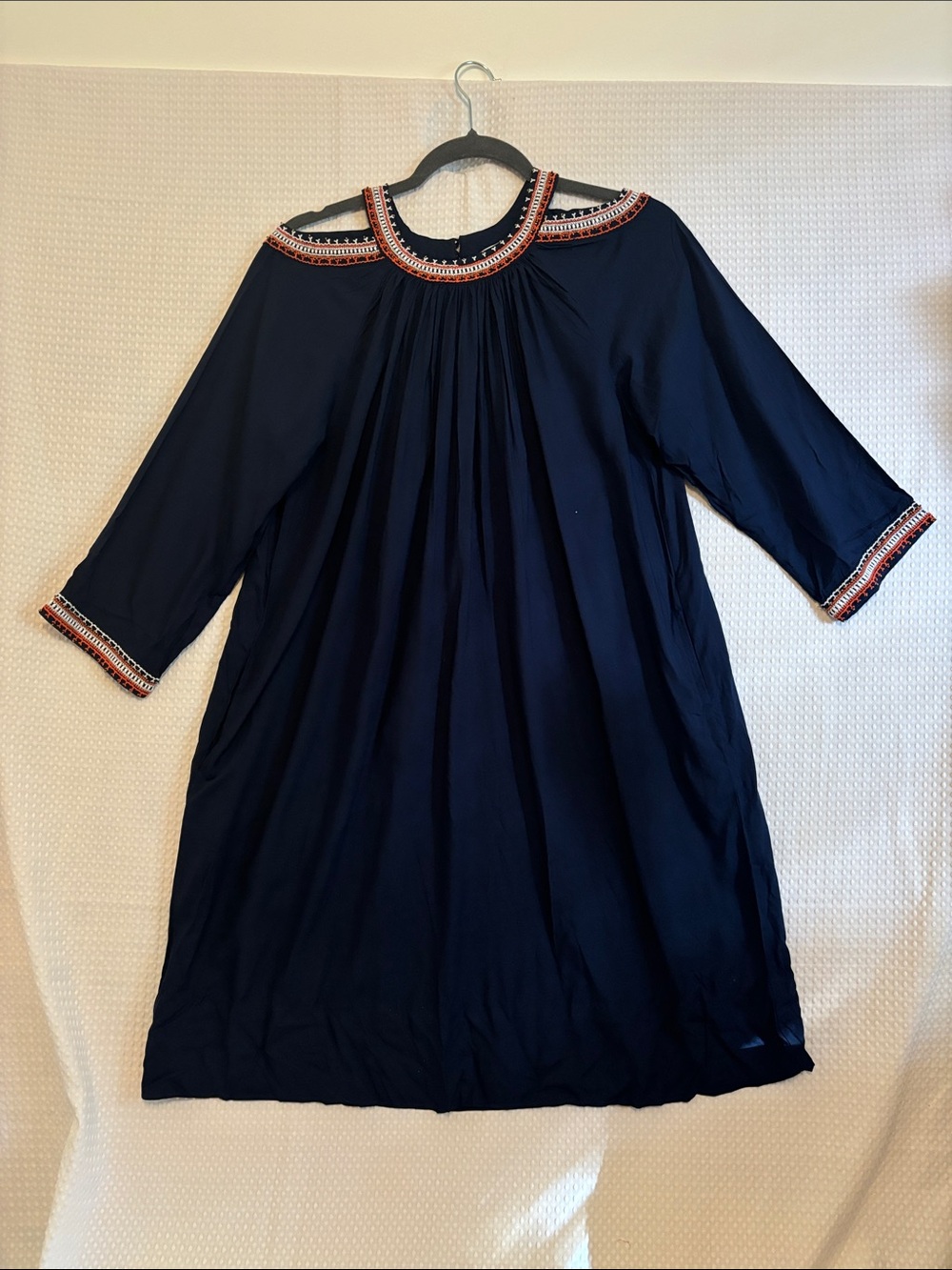 Gretchen Scott Designs Navy Mini Dress or top with Red & White Embroidered Trim